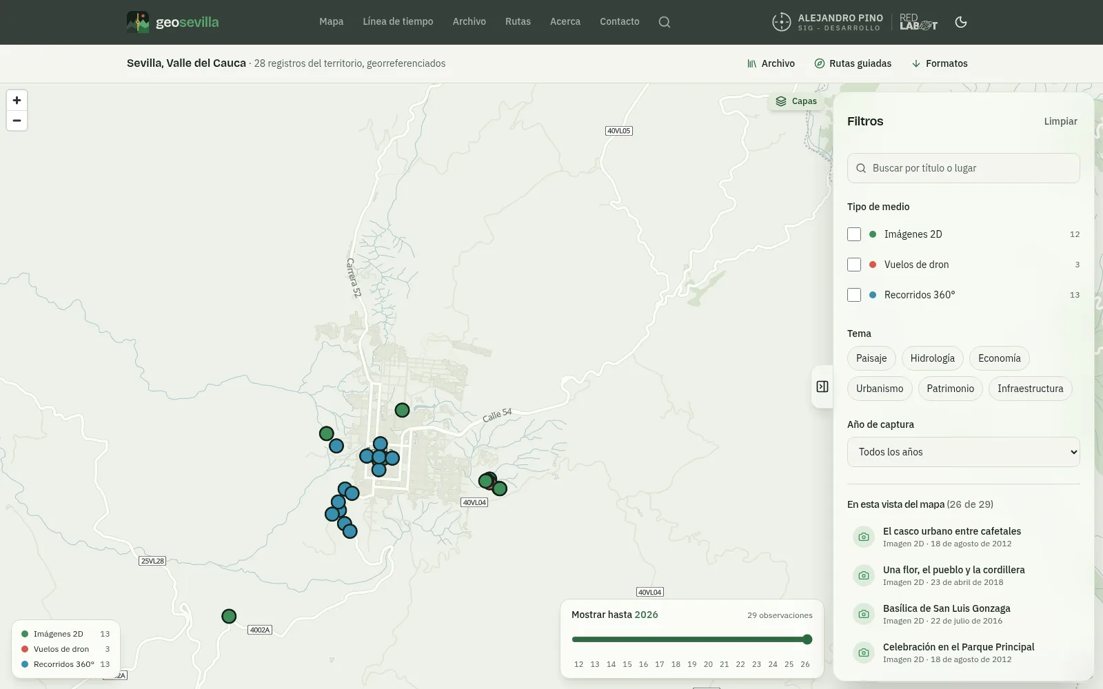 Mapa del geoportal GeoSevilla con los registros del territorio de Sevilla, Valle del Cauca, y su panel de filtros